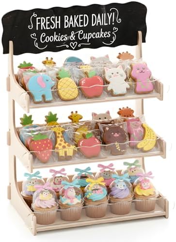 HOTCAN Cookie Display Stand for Bakers & Vendors with Acrylic Front | Wooden Dessert Stand with Chalkboard Sign for Market Booths, Craft Fairs & Events | 3 Tiered Cookie Display for Cupcakes, Muffins & Pastries (Natural) by HOTCAN