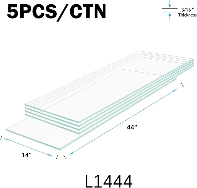 Floating Shelves - Pack of 5 Tempered Glass Shelves, 14" W x 44" L, 3/16" Thick, Polished Edges-– Rectangular Replacement Shelves for Cabinets, Display Cases & Retail Fixtures