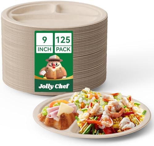 JOLLY CHEF Heavy Duty Compostable 3 Compartment Paper Plate 9 Inch 125 Pack by JOLLYCHEF