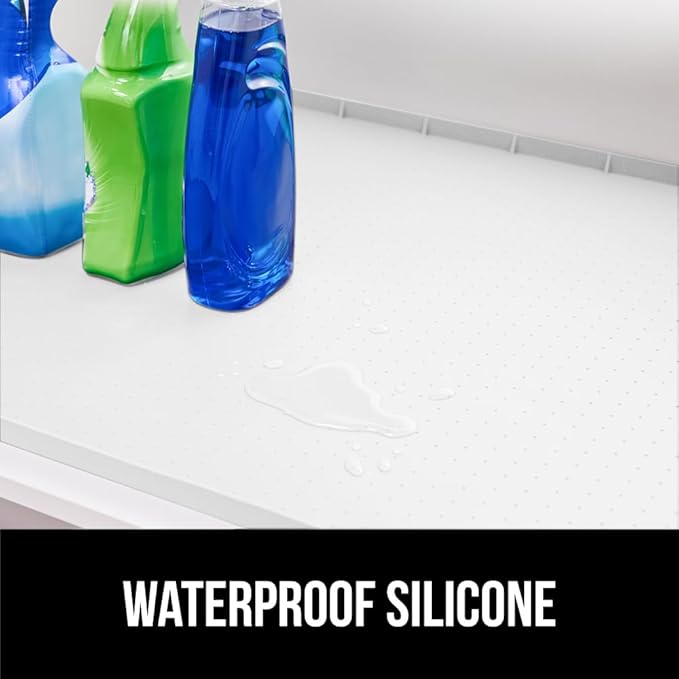 GORILLA GRIP Waterproof Silicone Under Sink Mat with Raised Lip for Kitchen and Bathroom, Cabinet Shelf Liner Stay in Place Mats Dishwasher Safe Drawer Liner, Organizer Tray, 19 x 34 in, White