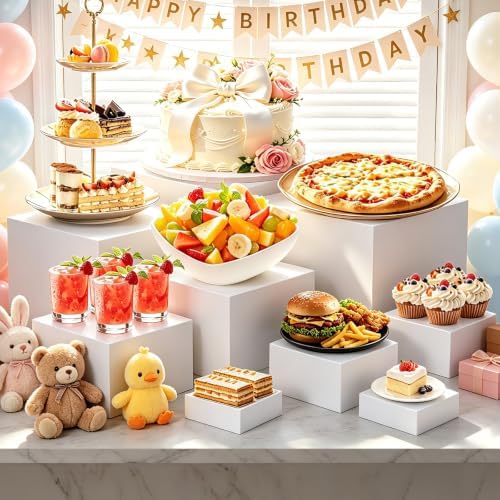 Nestable Buffet Risers - 9 Pcs White Acrylic Food Risers with Signs & Markers – Sturdy Dessert Table Display Stands for Parties, Catering, Jewelry & Collectibles (Easy-Store Stackable Cubes: 10'', 9'', 8", 7", 6", 5'', 5", 4", 4") - Image 2