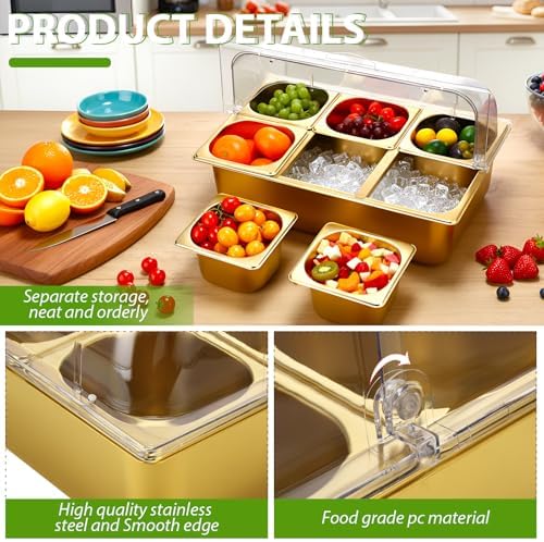 Ziliny 6 Pan Cold Food Buffet Server with Lid Salad Bar Station, Gold - Image 3