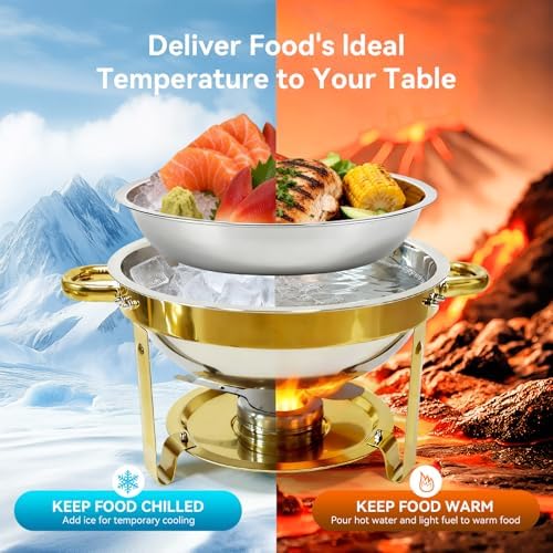 Gold Chafing Dish Buffet Set, 4-Pack 6QT 304 Stainless Steel Round Food Warmers with Lids, Water Pans & Fuel Holders – for Catering, Wedding Receptions & Parties - Image 4