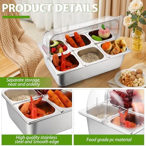 Ziliny 6 Pan Cold Food Buffet Server with Lid Salad Bar Station, Silver - Image 2