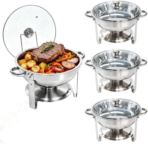 4-Pack 6QT Chafing Dishes for Buffet, 304 Stainless Steel Chafing Dish Buffet Set with Glass Lids & Lid Holders – Food Warmers for Parties, Weddings, Birthdays & Catering,Silver by Charcofire