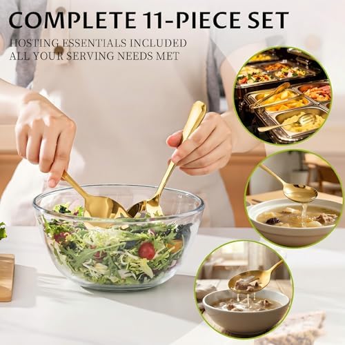 11PCS Stainless Steel Gold Serving Utensils, 8.7''Serving Spoons,8.7''Slotted Spoons, Serving Fork, 9'' Serving Tongs,Cake Server,Hostess Serving Set for Chafing Dish Buffet Catering Parties - Image 3
