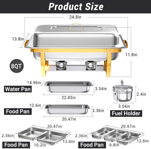Chafing Dishes for Buffet, 8 Qt Food Warmers 4 Pack 7 Pans Half Gold - Image 6