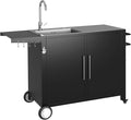 Grill Table with Sink, Outdoor Stainless Steel Kitchen Island Cabinets Sink Station with Hose Hook up & Lockable Casters, Rolling BBQ Table for Backyard