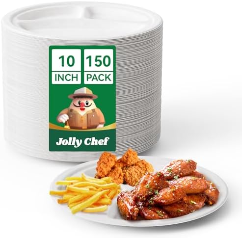JOLLY CHEF Heavy Duty Compostable 3 Compartment Paper Plate 10 Inch 150 Pcs by JOLLYCHEF