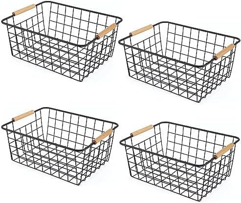 Wire Basket 4 Pcs Metal Wire Storage Basket with Wooden Handles for Pantry by ELEATTRUN