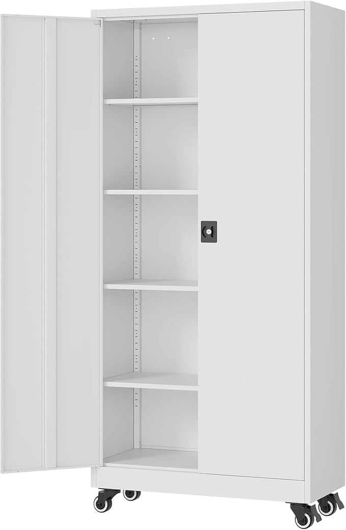 Metal Rolling Storage Cabinet-74.6” Tall Steel File Cabinets with Wheels Lockable Doors and Adjustable Shelves-White Steel Storage Cabinet for Home, School, Office, Garage