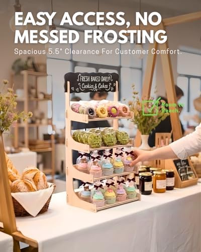 HOTCAN Cookie Display Stand for Bakers & Vendors with Acrylic Front | Wooden Dessert Stand with Chalkboard Sign for Market Booths, Craft Fairs & Events | 4 Tiered Cookie Display for Cupcakes, Muffins & Pastries (Natural) - Image 2