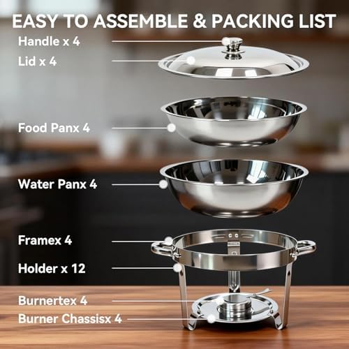 4-Pack Chafing Dishes for Buffet，6QT 304 Stainless Steel Round Chafing Dish Buffet Set - Complete Food Warmers with Lids, Water Pans, Fuel Can Holders for Catering & Wedding Receptions，Silver - Image 3