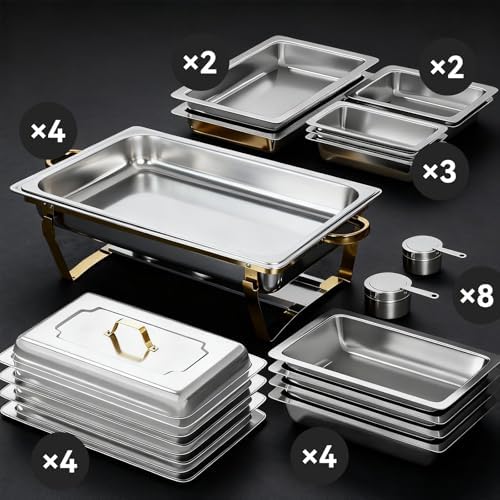 9Qt Chafing Dishes for Buffet, Gold 304 Stainless Steel Chafing Dish Sets, Food Warmers for Parties, Buffet Servers and Warmers, Warming Trays for Buffets Party, Multiple Size Food Pans, 4 Pack - Image 3