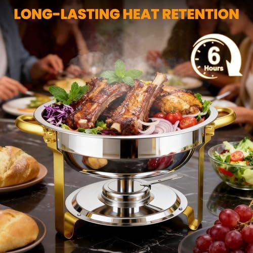ALSO GO Round Chafing Dishes for Buffet with Serving Tongs, 7QT Chafing Dishes Buffet Set, Golden Stainless Steel Catering Food Warmer for for Party, Gathering, Banquet, Wedding - Image 6