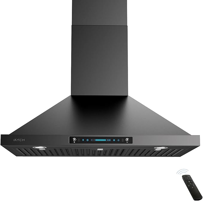 IKTCH 30 inch Black Wall Mount Range Hood, 900 CFM Ducted/Ductless Stainless Steel Vent Hood with Gesture Sensing & Touch Control Switch Panel, 2 Pcs Adjustable Lights