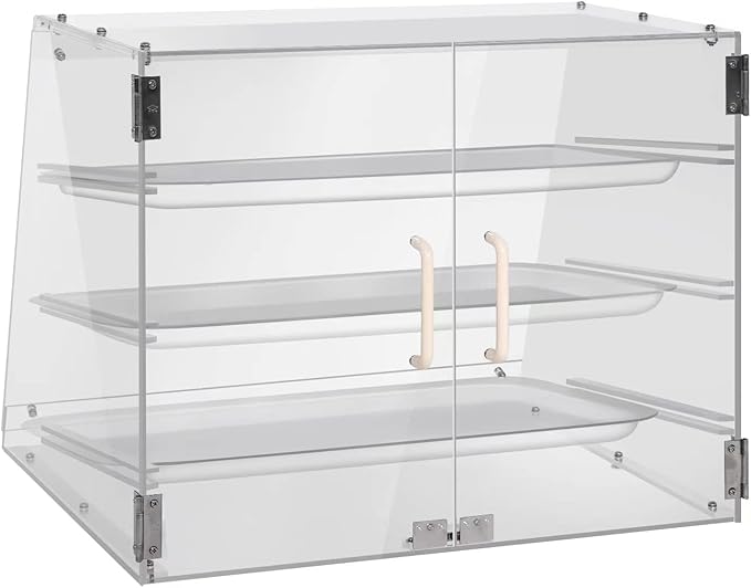 YBSVO 3-Tier Commercial Bakery Display Case - 21-Inch Countertop Pastry & Dessert Showcase with Slanted Front, Removable Trays & Magnetic Back Doors, Clear Acrylic for Bakeries, Cafes, Markets