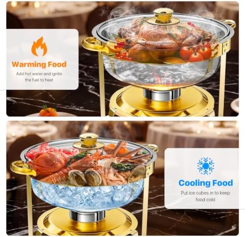 ALSO GO Chafing Dish for Buffet, 7QT 4 Pack Gold Round Chafing Dish Set with Glass Lid, Stainless Steel Serving Tray, Water Pan, Stand, Fuel Holder, Food Warmer for Party, Gathering, Banquet, Wedding - Image 2
