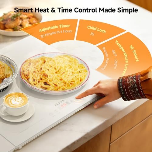 FEPPO Electric Warming Tray with Independent Temp Control, 31"x15" Glass Surface Warming Mat for Food, 10 Temp Settings and Timer, 2-in-1 Food Warmers for Parties Buffet - Image 6