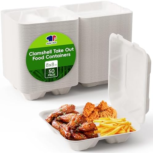 8" Sugarcane to go food containers, 3-Compartment Clamshell Food Containers by JOLLYCHEF