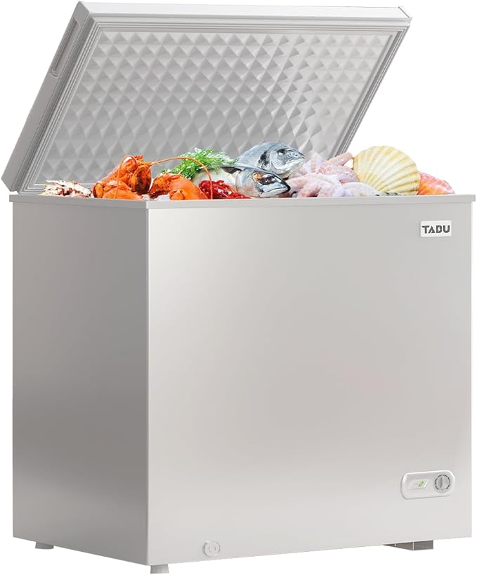 TABU 10 Cu Ft Deep Freezer,Top Opening Chest Freezer with Storage Basket, Energy Saving Compact Freezer with 7 Level Adjustable Thermostat, Removable Basket (White)