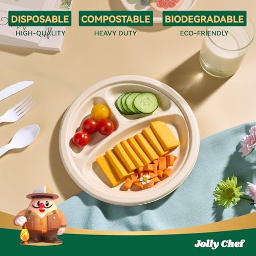 JOLLY CHEF Heavy Duty Compostable 3 Compartment Paper Plate 9 Inch 125 Pack - Image 3