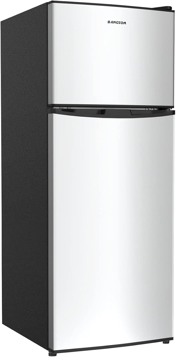 BANGSON 4.0 Cu.Ft Small Refrigerator with Freezer, Small Fridge with Top Freezer, for Apartment, Bedroom, Dorm, and Office, Double Door, Stainless Steel, Silver