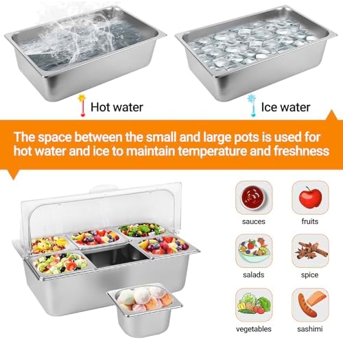 Countertop Food Serving Display Container with Clear Lid, Stainless Steel Serving Tray Catering Supplies Buffet Display Condiment Container for Restaurant Hotel Kitchen (6 Pan) - Image 4