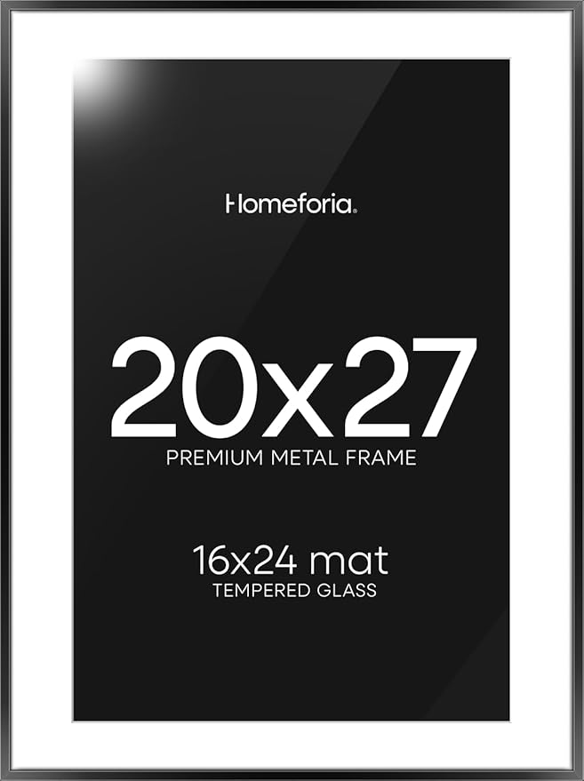 Homeforia 20x27 Picture Frame Black, High End Metal 20x27 Poster Frames with Mat 16x24 for Photo, 20 x 27 Black Frame Matted to 16 x 24 inch Print, 27x20 Thin Frame, Tempered Glass, Wall Kit, Set of 1