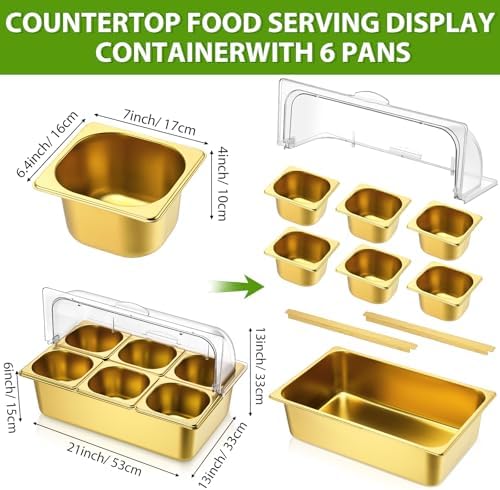 Ziliny 6 Pan Cold Food Buffet Server with Lid Salad Bar Station, Gold - Image 2