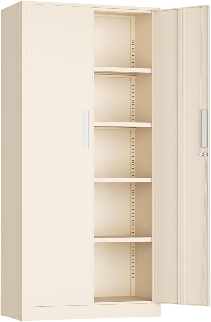 Oakmont Metal Storage Cabinet for Tool Organization, 72" Lockable Garage Storage Cabinets with 2 Doors and 4 Adjustable Shelves, Locking File Cabinet for Office, Home, School (72“ Standard-Ivory)