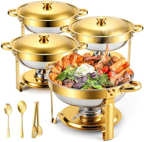 Chafing Dishes Buffet Food Warmer - Parties Servers Trays Catering Dish Warming Display Set - Chafers Keep Warm Serving Tray Round Heating Kit with Burners 4 Set Gold by Unknown