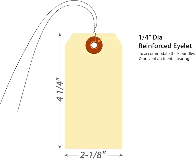 SmartSign Blank Manila Shipping Tags with Wire, Size-4, Pack of 100, 13pt Thick Prewired Cardstock Tag, 4.25 x 2.125 inch Paper Hang Tags with Reinforced Fiber Patch