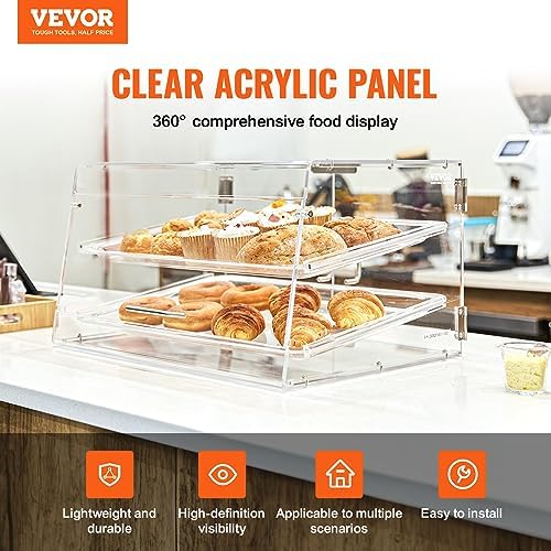 VEVOR Pastry Display Case, 2-Tier Commercial Countertop Bakery Display Case, Acrylic Display Box with Rear Door Access & Removable Shelves, Keep Fresh for Donut Bagels Cake Cookie, 20.7"x13.2"x11.9" - Image 2