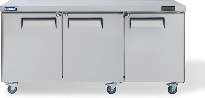 ICECASA 72" W Commercial Freezer Worktop Undercounter Freezer Three Door Stainless Steel Counter Fan Cooling 20 Cu.ft for Restaurant, Bar, Shop, etc
