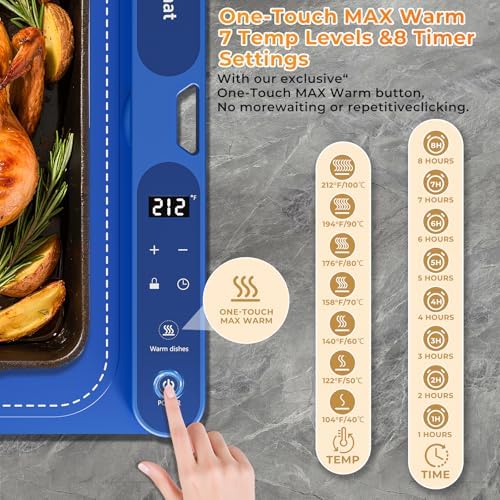 Warming Mat For Food Extra Large 32"x15", Electric Silicone Food Warmer Trays for Chafing Dishes & Buffet,Portable Countertop Food Warmers for Parties, 7-Level Temp 8-Hour Timer， Blue - Image 2