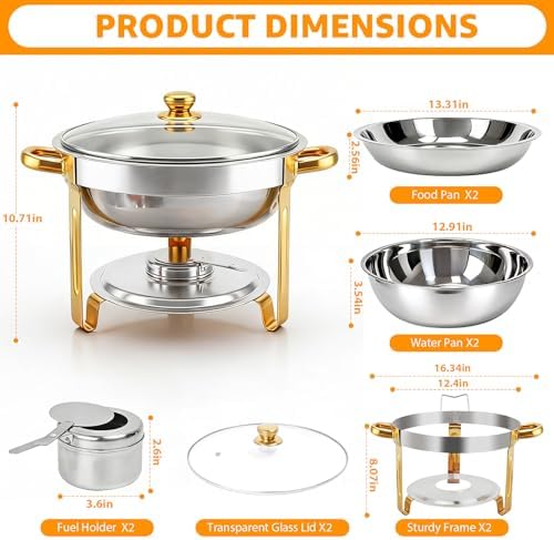 Chafing Dishes for Buffet，2PACK 4.5QT Round Chafing Dishes for Buffet, Gold and Silver Stainless Steel Chafing Dish Buffet Set with Glass Lid and Lid Holder for Home Parties,Wedding,Church Events - Image 5