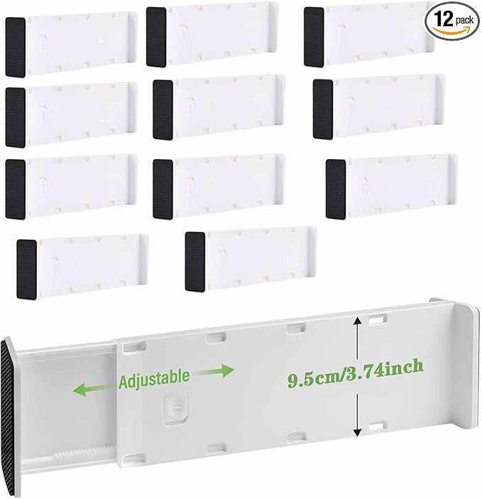 12 Pack Drawer Dividers for Clothes, 3.74" High 14.76"-25.79" Adjustable Expandable Dresser Drawer Organizer, Clear Plastic Separators for Dresser, Baby Clothing, Underwear, Cosmetic, Toile