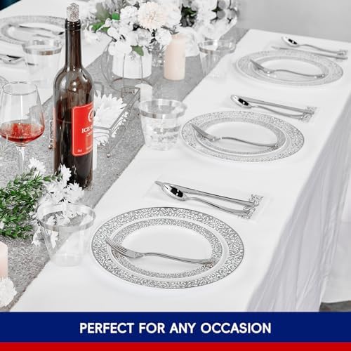 210 PCS Plastic Plates Set With Silver Rim Dinnerware Set for 30 Guests - Image 6