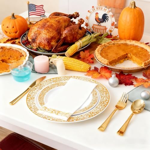 210 PCS Plastic Plates Set With Gold Rim Dinnerware Set for 30 Guests - Image 3