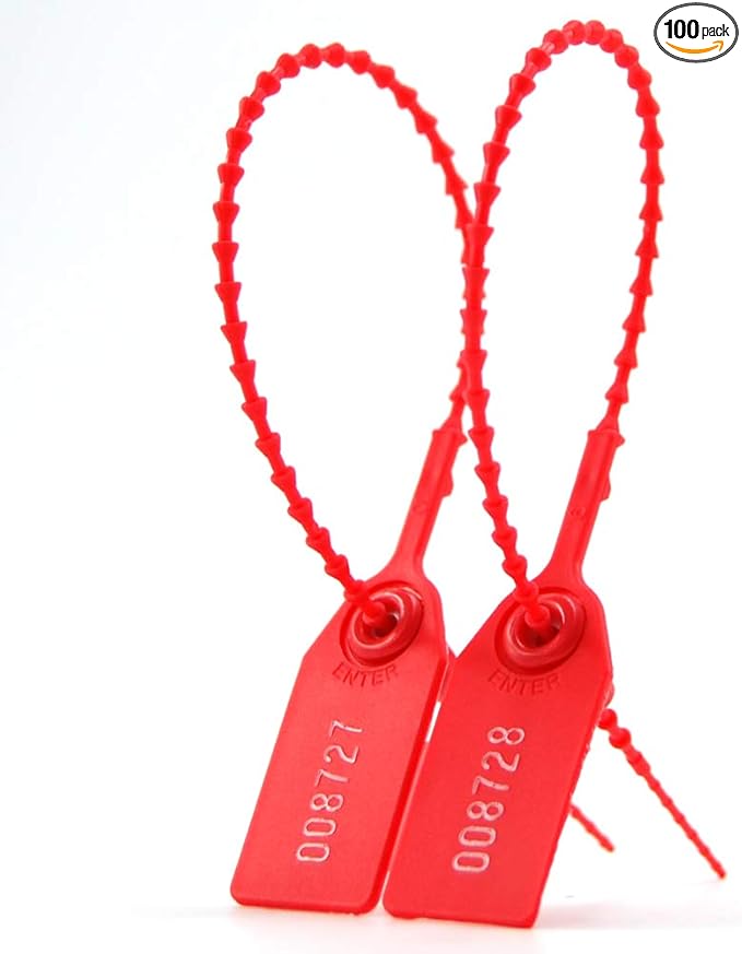 100 Plastic Tamper Seals, Numbered Zip Ties for Fire Extinguisher Pull Tite Security Tags Disposable Self Locking Signage 250mm (Red)