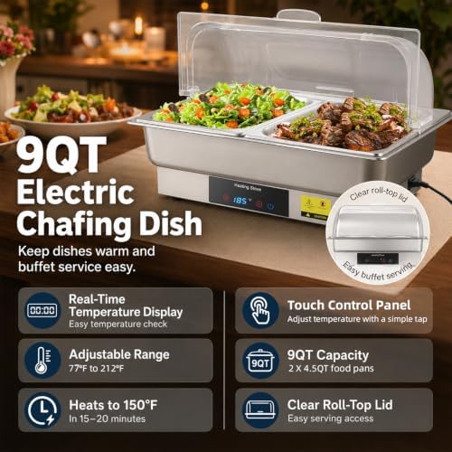 Electric Buffet Food Warmer with Touch Control, 2 * 4.5QT Half Size Stainless Steel Chafing Dish with Roll Top Lid for Catering and Events - Image 2