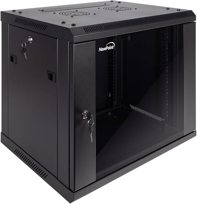 NavePoint 9U Server Cabinet Wall Mount Rack Enclosure Includes 2 Fans, Locking Glass Door, Removable Side Panels – 9U Network Cabinet 17.7” Deep, 19 Inch Server Rack for IT and A/V Equipment
