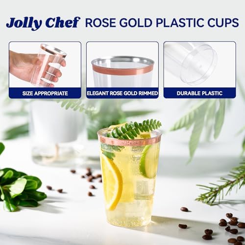 JOLLY CHEF 12 oz Rose Gold Plastic Cups Tumblers 100 Pack Disposable Clear - Image 4