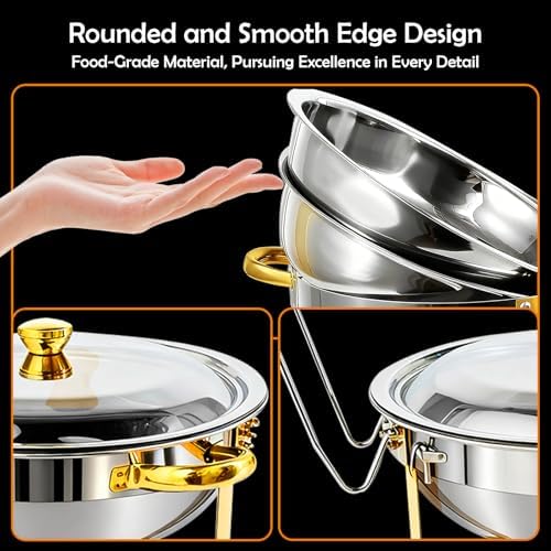 ALSO GO Round Chafing Dishes for Buffet with Serving Tongs, 7QT Chafing Dishes Buffet Set, Golden Stainless Steel Catering Food Warmer for for Party, Gathering, Banquet, Wedding - Image 3