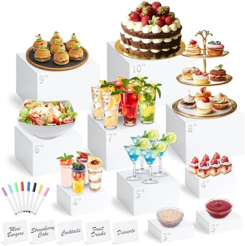 10 Pcs White Acrylic Buffet Risers with Mini Sign and Marker, Food Display Stands for Buffet Table Party Catering Dessert Jewelry Collectibles, Acrylic Cube Nesting Boxes with Hollow Bottoms 8 Sizes (10" 9" 8" 7" 6" 5" 4" 4" 3" 3") by Qinzave