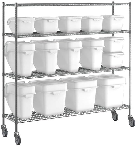 18x72 Inch Chrome Wire Shelving Unit with 15 Ingredient Storage Bins, 4 Shelves, 600 lb Capacity per Shelf, Mobile Cart with Casters, Clear Lids