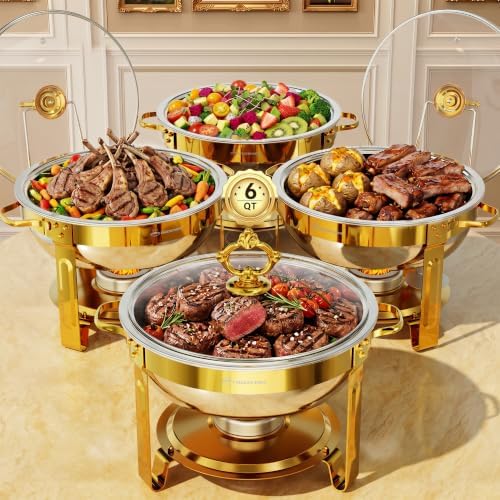 Chafing Dishes for Buffet, 6QT 4 Pack Round with Glass Lid, Gold by IMXSUMDA