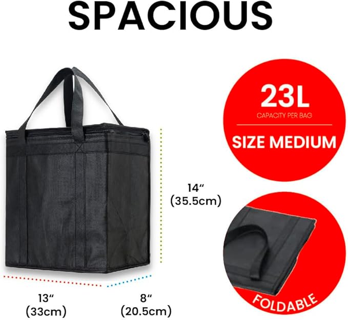 NZ home Insulated Bags for Food Delivery (Medium) Grocery Shopping Cooler Bag, Pizza Delivery, Hot & Cold Catering Tote, Reusable, Foldable & Heavy Duty (Black)