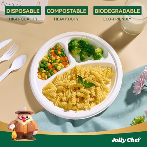 JOLLY CHEF Heavy Duty Compostable 3 Compartment Paper Plate 10 Inch 150 Pcs - Image 3